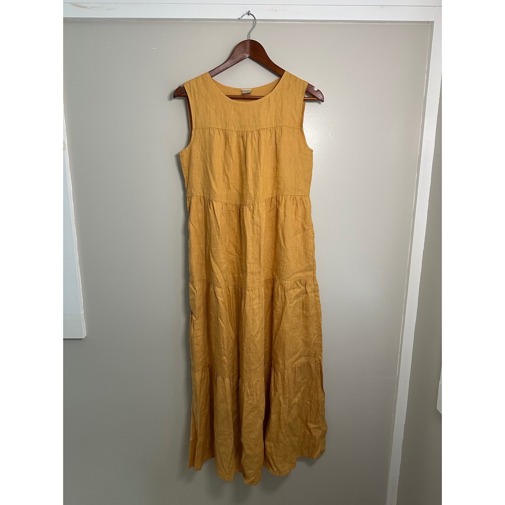 Magaschoni Linen Maxi Dress Womens Small Yellow EUC Tiered Sleeveless Pockets